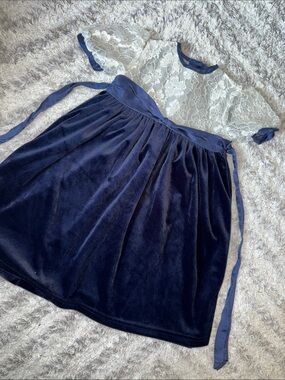 Size 3 1990s teddys choice Navy Velvet and White Lace bodice Dress with Sash